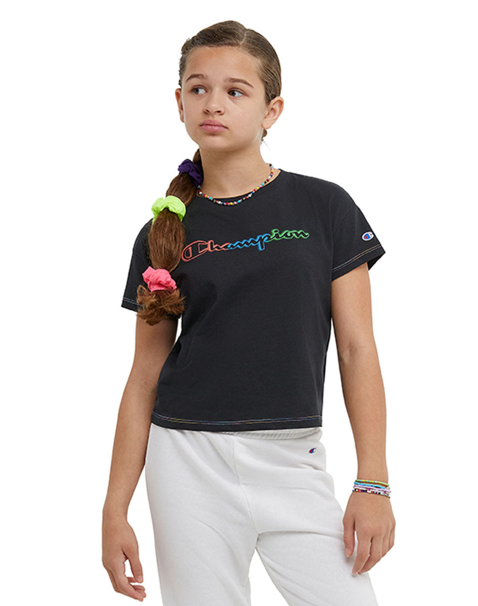 Crew T-Shirt, Rainbow Script Kids Champion