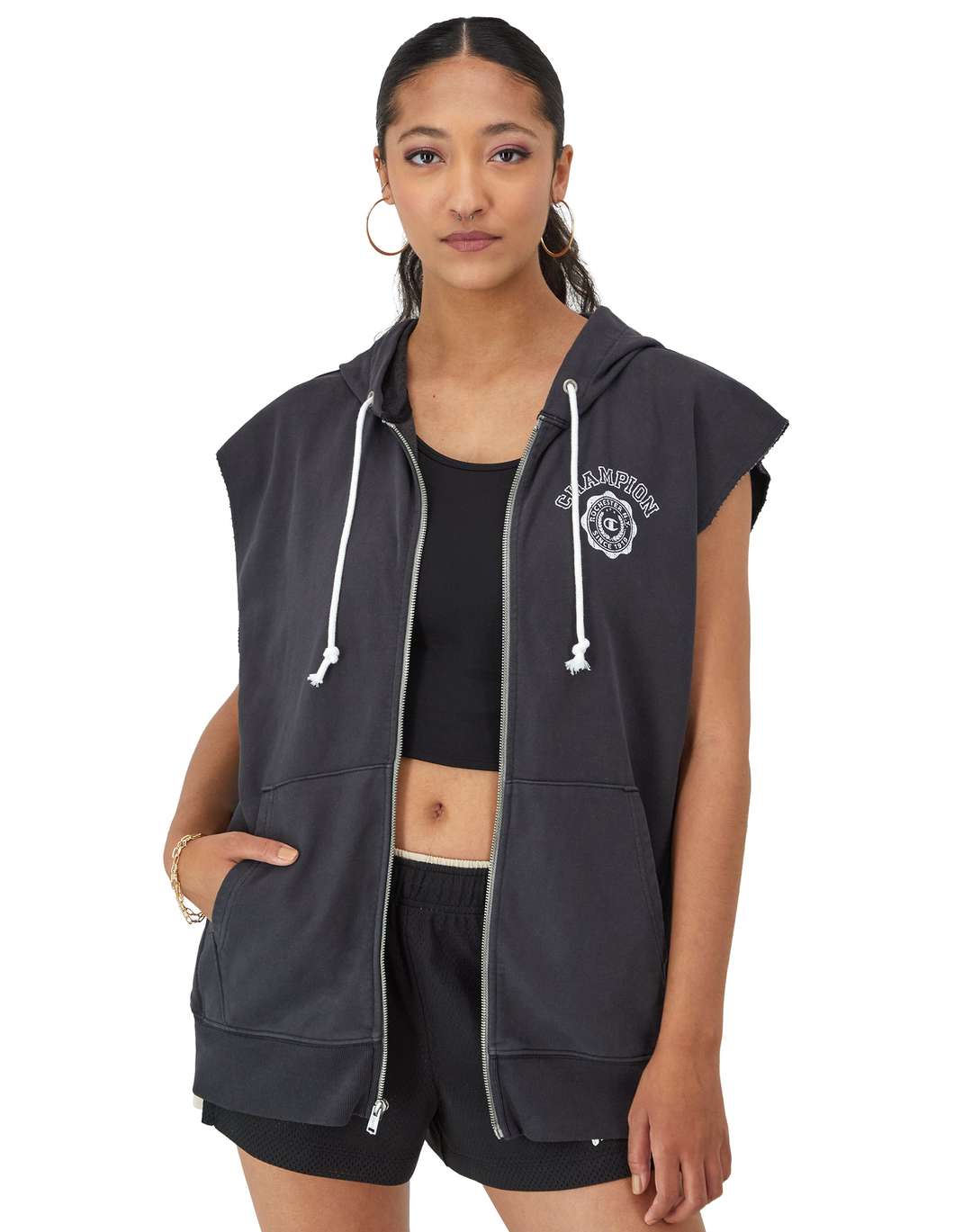Sudadera Hoodie French Terry de Manga Corta(Full Zip) para Mujer