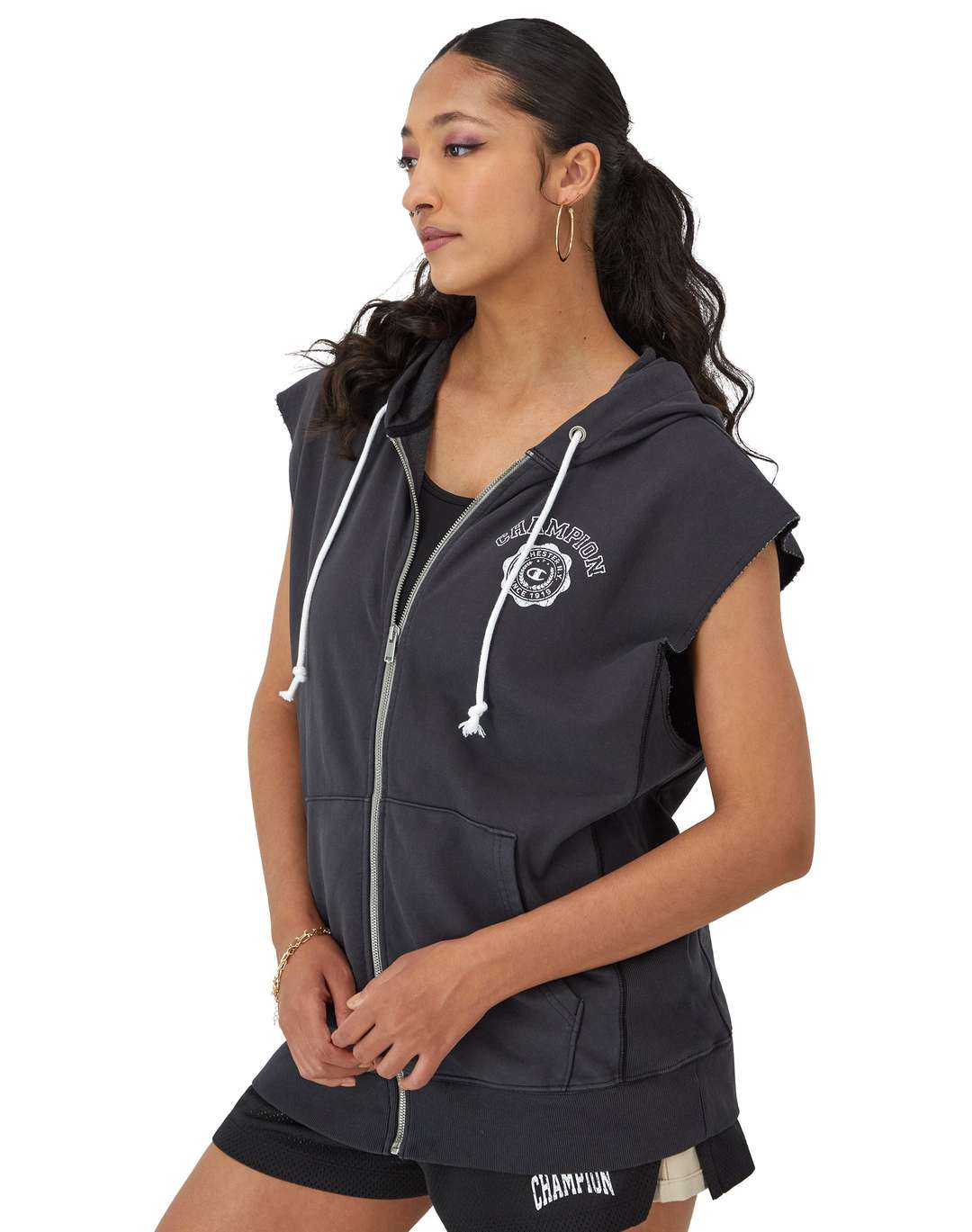 Sudadera Hoodie French Terry de Manga Corta(Full Zip) para Mujer